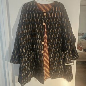 Reversible Ikat Boho Cotton Jacket • Black and Orange Patterned Button-Up Jacket